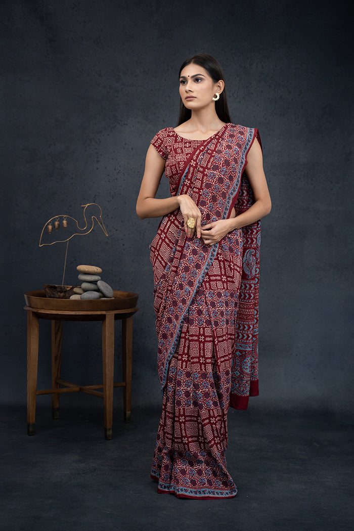 Ajrakh Hand Block Printed Burgundy Natural Dyed Saree