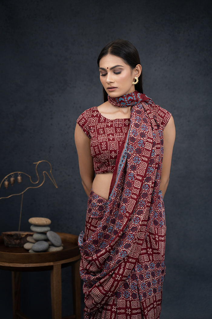Ajrakh Hand Block Printed Burgundy Natural Dyed Saree