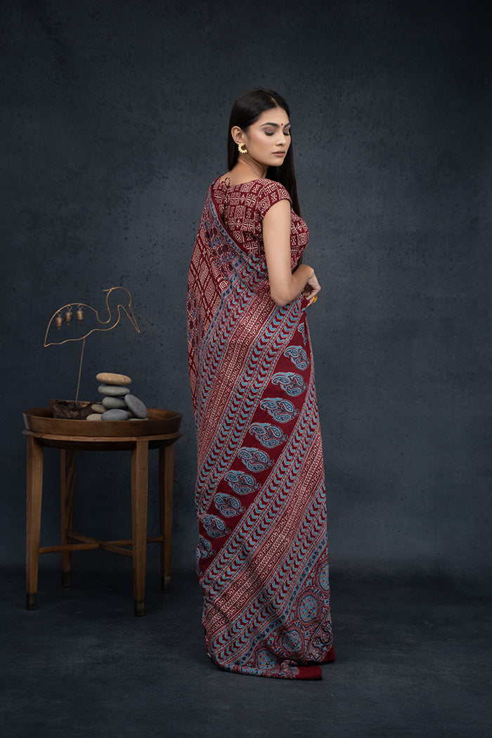 Ajrakh Hand Block Printed Burgundy Natural Dyed Saree