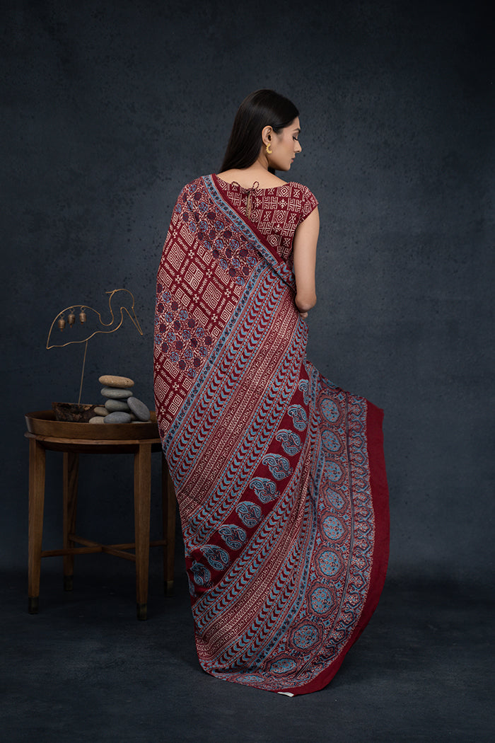 Ajrakh Hand Block Printed Burgundy Natural Dyed Saree