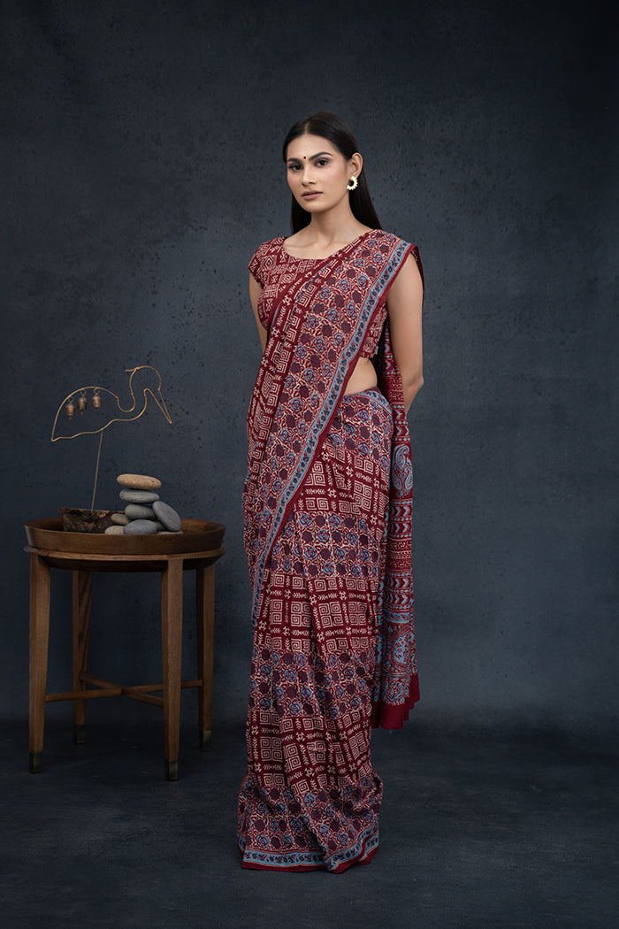 Ajrakh X Kala Cotton Floral Motif Red Saree