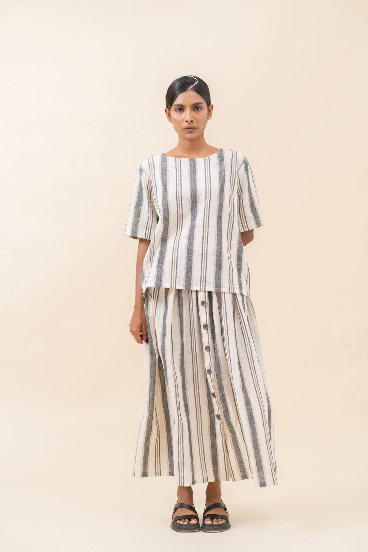 Boat Neck Striped Skirt Set