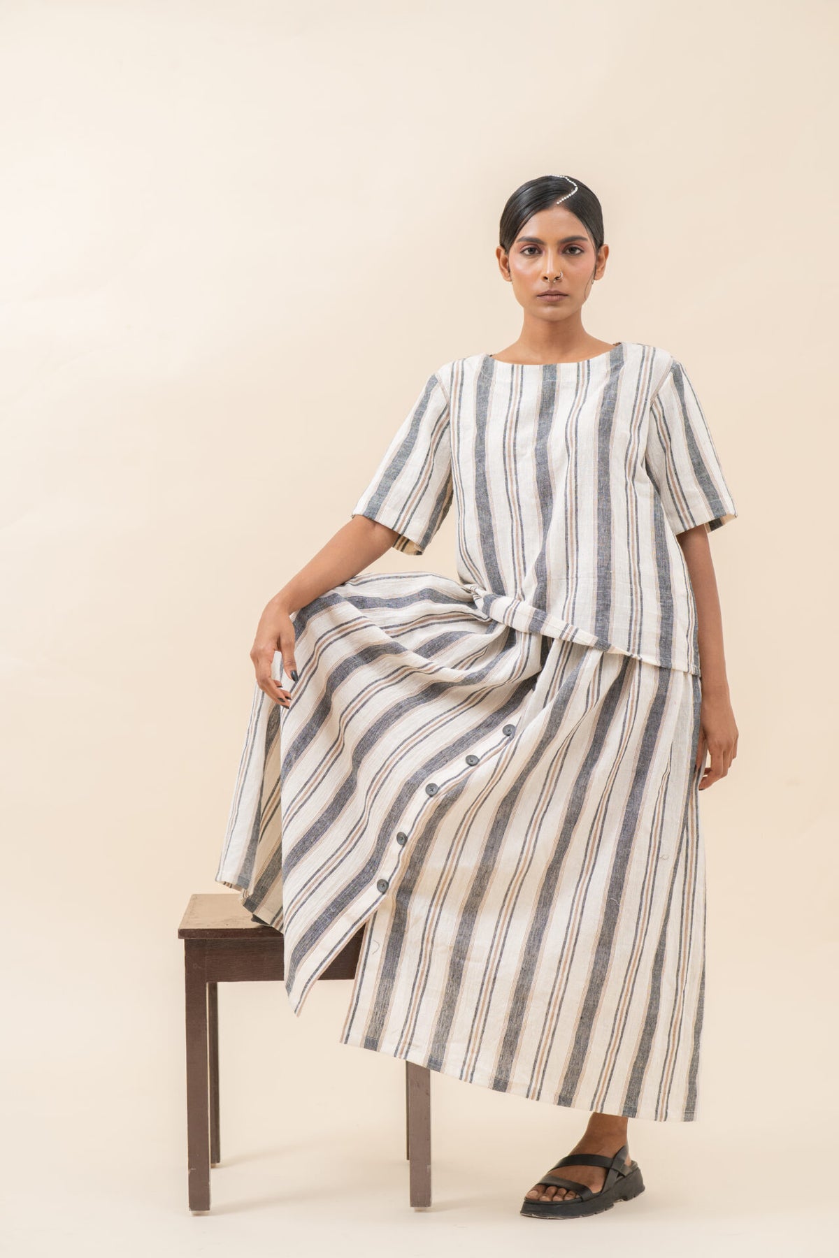 Boat Neck Striped Skirt Set