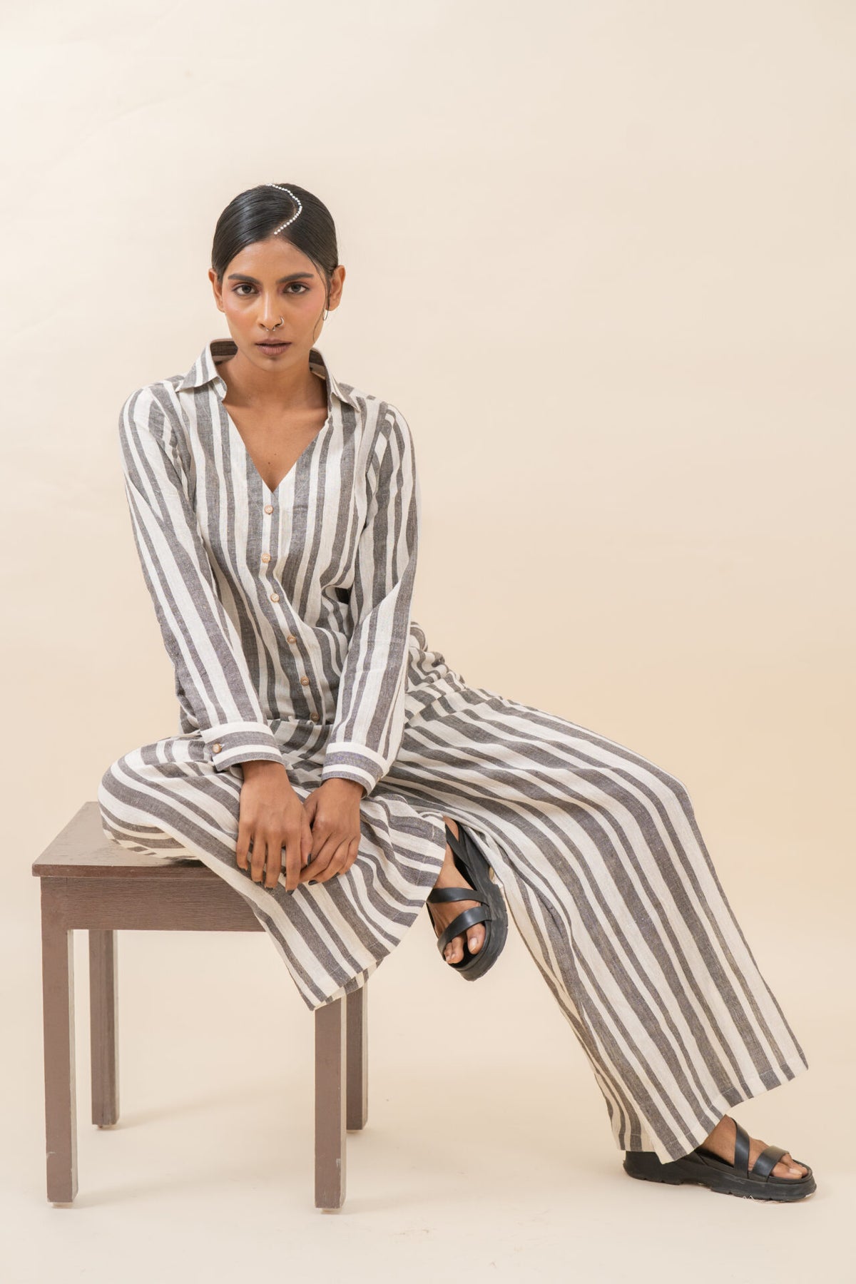 Classic Collar Striped V-neck Co-ord Set