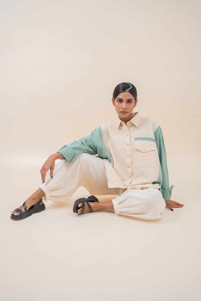 Double Color Baggy Shirt | Greyish Teal & White Rock