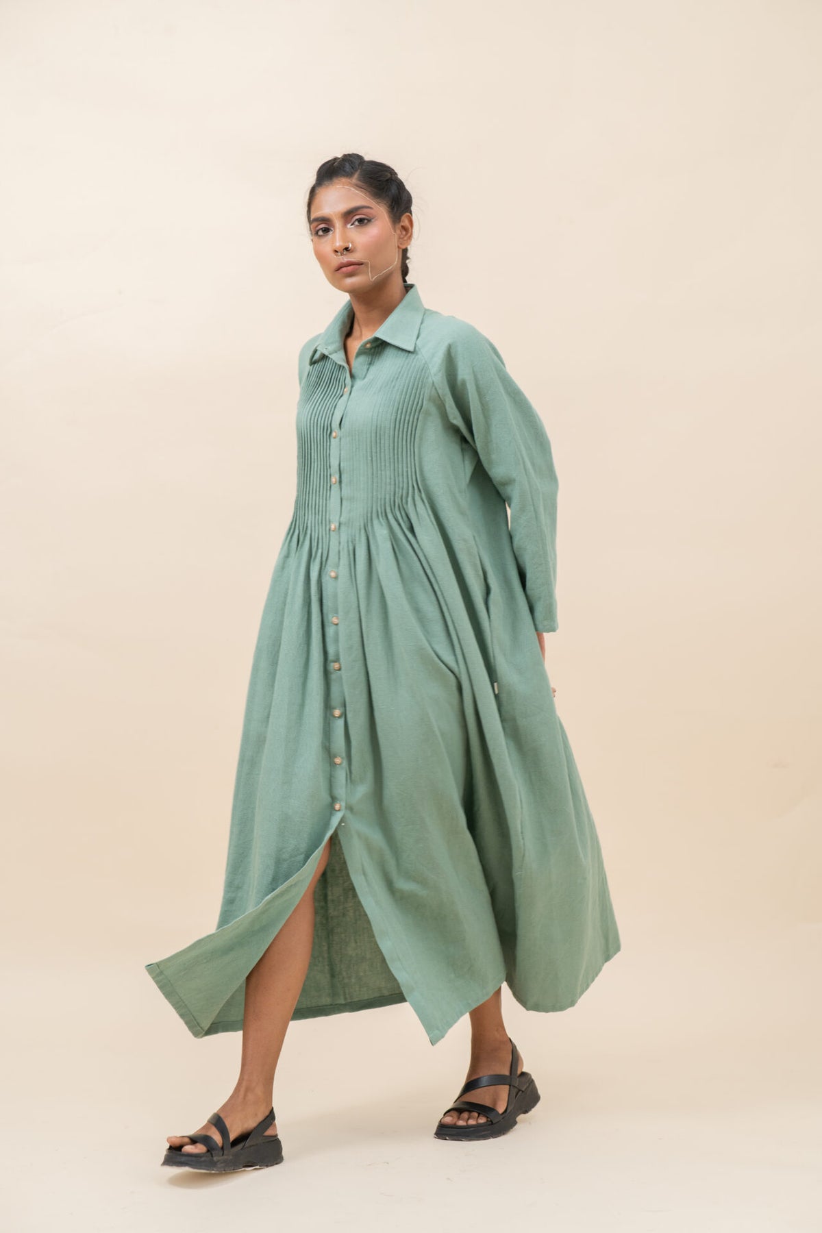 Free Flowing Pleated Long Dress | Greyish Teal