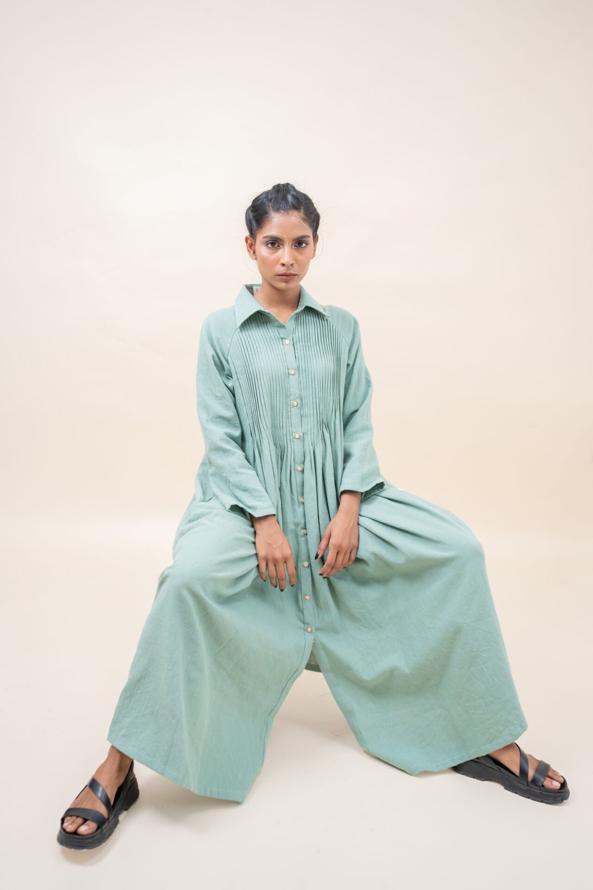 Free Flowing Pleated Long Dress | Greyish Teal