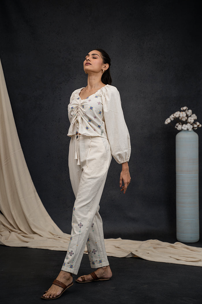 Handwoven Kala Cotton Adjustable Drawstring Soof Embroidery Co-ord Set