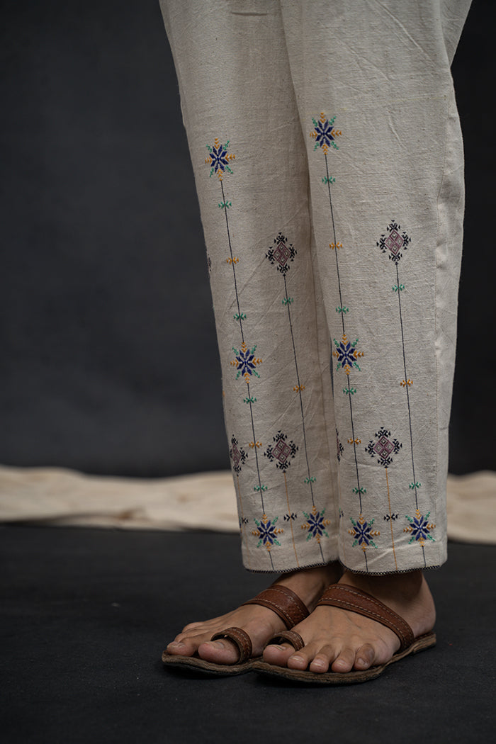 Handwoven Kala Cotton Adjustable Drawstring Soof Embroidery Co-ord Set