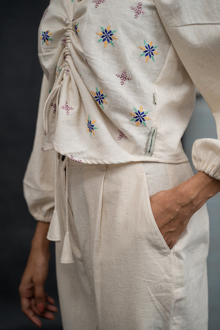 Handwoven Kala Cotton Adjustable Drawstring Soof Embroidery Co-ord Set