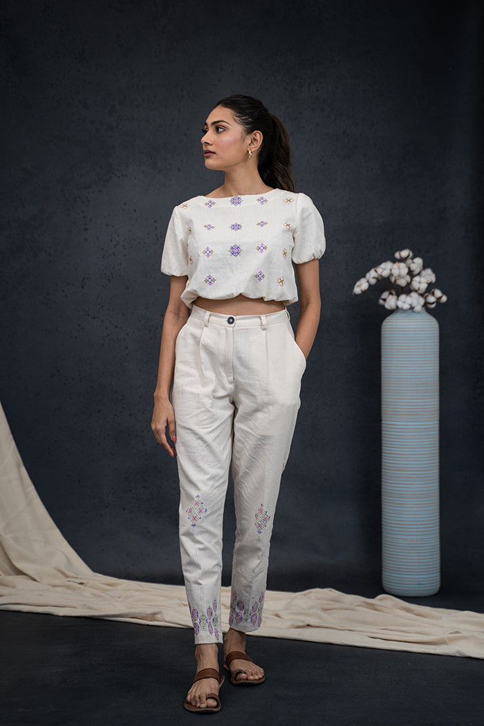Handwoven Kala Cotton Boat Neck Soof Embroidery Co-ord Set