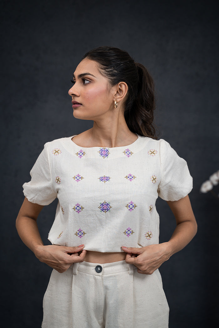 Handwoven Kala Cotton Boat Neck Soof Embroidery Co-ord Set