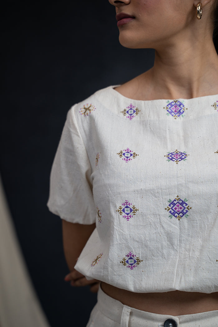 Handwoven Kala Cotton Boat Neck Soof Embroidery Co-ord Set