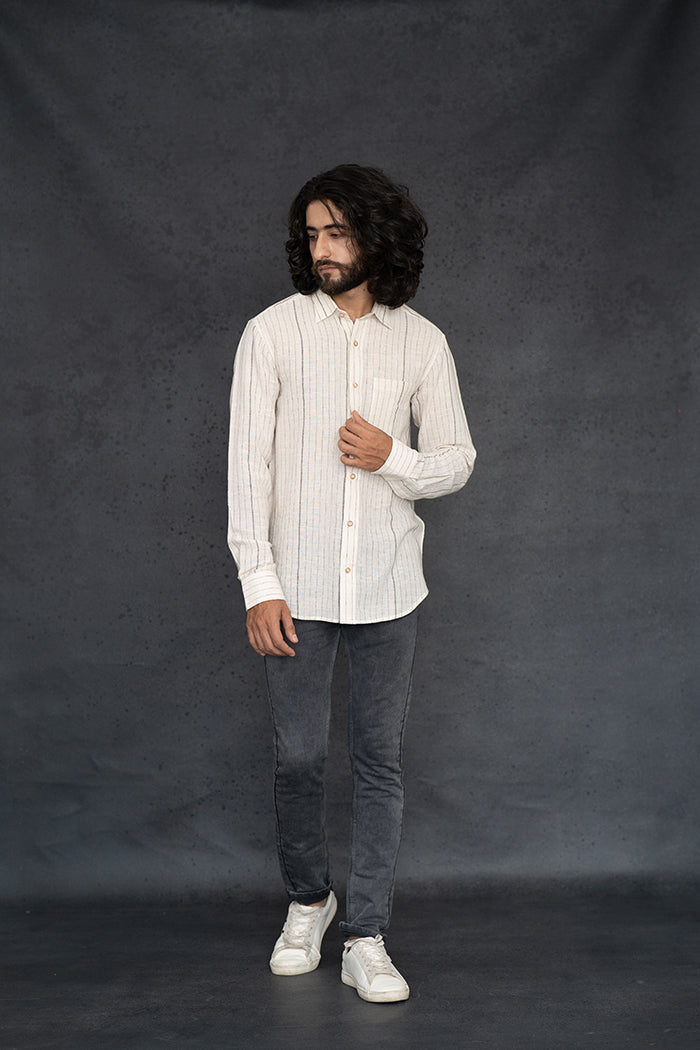 Handwoven Kala Cotton Charcoal Black Natural Dyed Striped Shirt