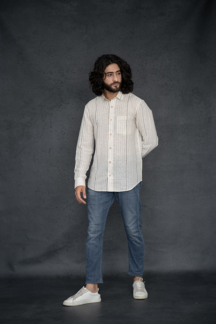 Handwoven Kala Cotton Charcoal Black Natural Dyed Striped Shirt