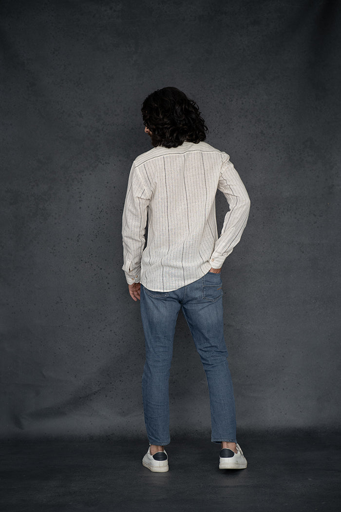 Handwoven Kala Cotton Charcoal Black Natural Dyed Striped Shirt