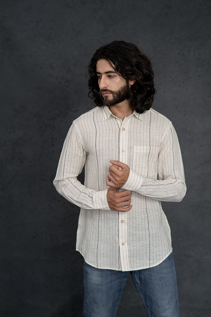 Handwoven Kala Cotton Charcoal Black Natural Dyed Striped Shirt