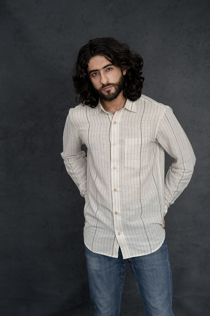 Handwoven Kala Cotton Charcoal Black Natural Dyed Striped Shirt