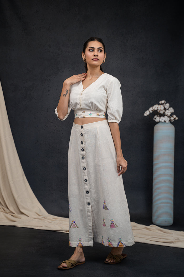 Handwoven Kala Cotton V-Neck Soof Embroidery Co-ord Set
