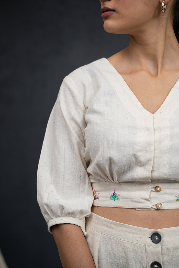 Handwoven Kala Cotton V-Neck Soof Embroidery Co-ord Set