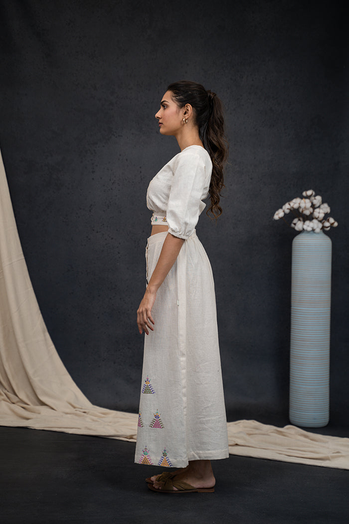 Handwoven Kala Cotton Deep V-Neck Soof Embroidery Co-ord Set