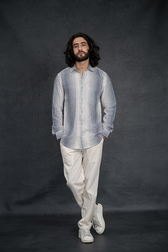 Handwoven Kala Cotton Indigo & White Striped Natural Dyed Shirt