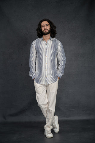 Handwoven Kala Cotton Indigo & White Striped Natural Dyed Shirt