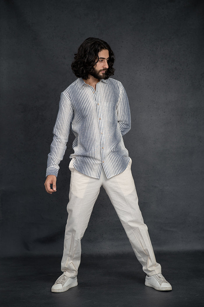 Handwoven Kala Cotton Indigo & White Striped Natural Dyed Shirt