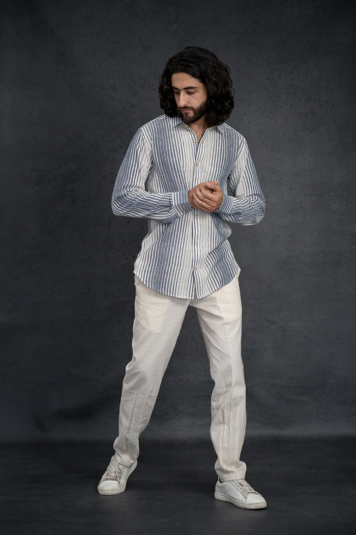 Handwoven Kala Cotton Indigo & White Striped Natural Dyed Shirt
