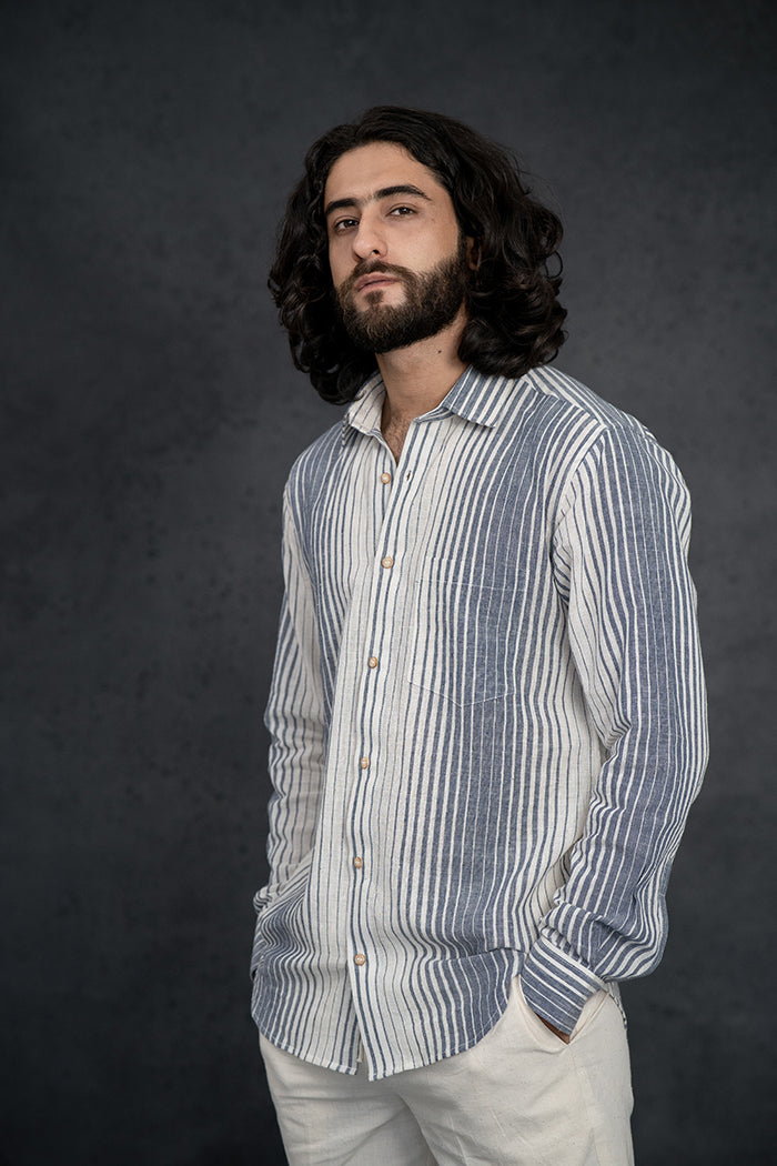 Handwoven Kala Cotton Indigo & White Striped Natural Dyed Shirt