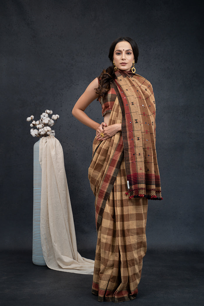Handwoven Kala Cotton Mirror Work Brown Saree