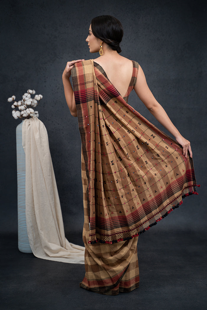 Handwoven Kala Cotton Mirror Work Brown Saree