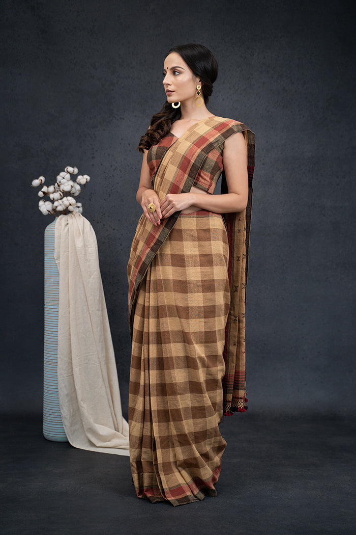 Handwoven Kala Cotton Mirror Work Brown Saree