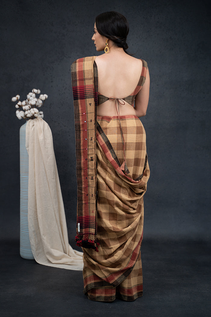 Handwoven Kala Cotton Mirror Work Brown Saree