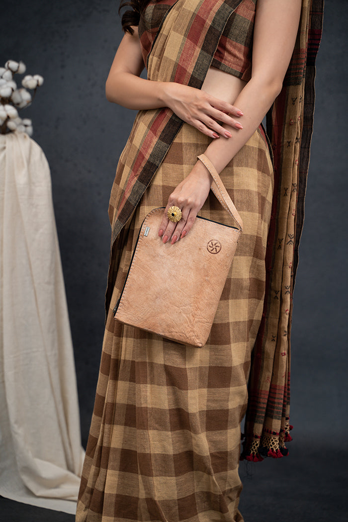 Handwoven Kala Cotton Mirror Work Brown Saree