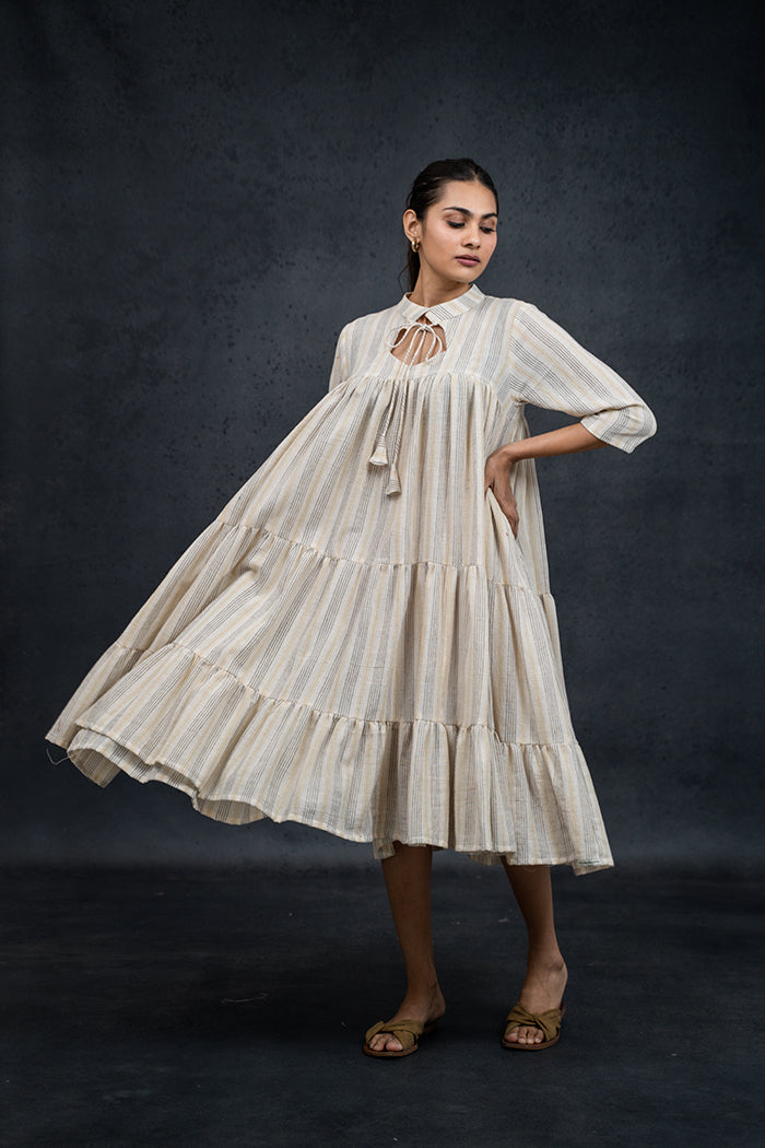 Handwoven Kala Cotton Natural Dyed Gathered One Piece Dress