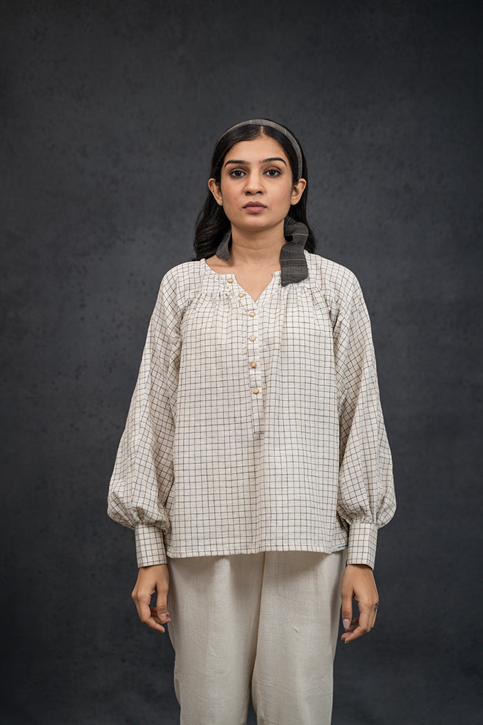 Handwoven Kala Cotton Natural Dyed Gathered Sleeve Shirt