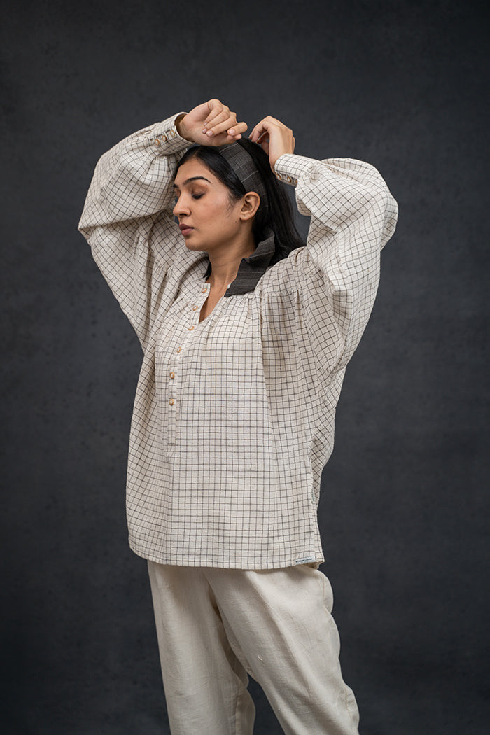 Handwoven Kala Cotton Natural Dyed Gathered Sleeve Shirt