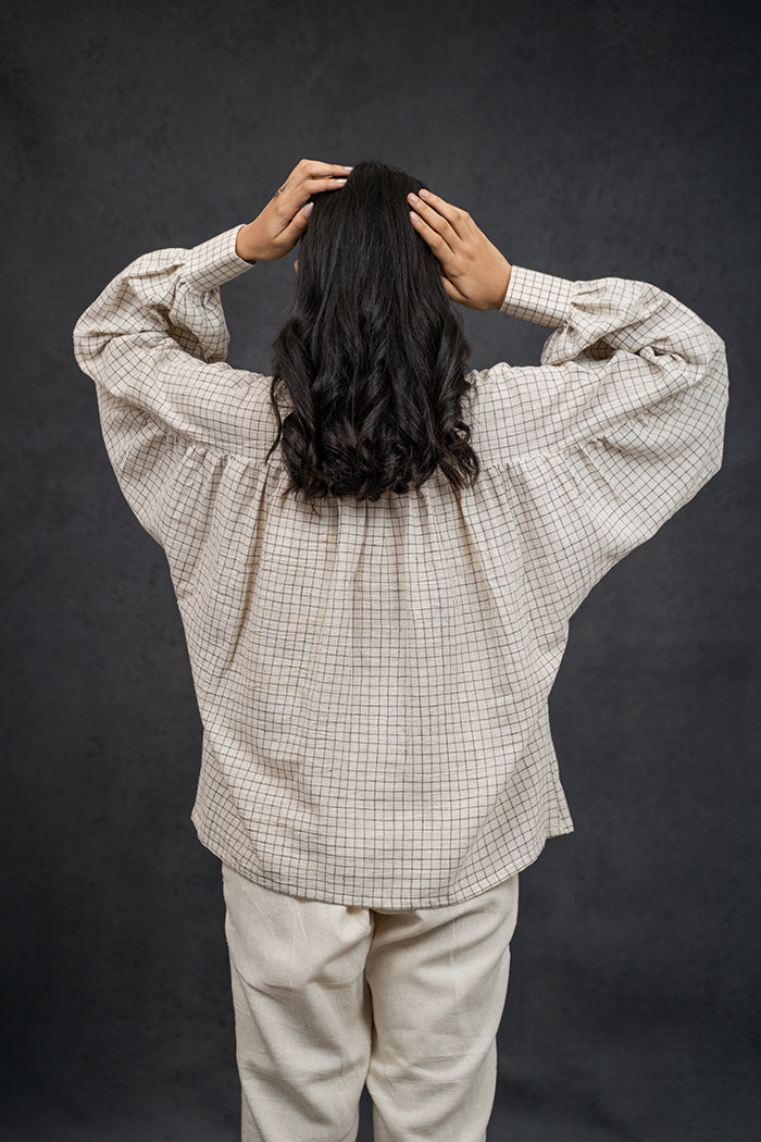 Handwoven Kala Cotton Natural Dyed Gathered Sleeve Shirt