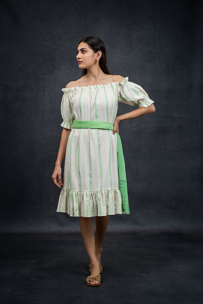 Handwoven Kala Cotton Natural Dyed Off Shoulder One Piece Dress