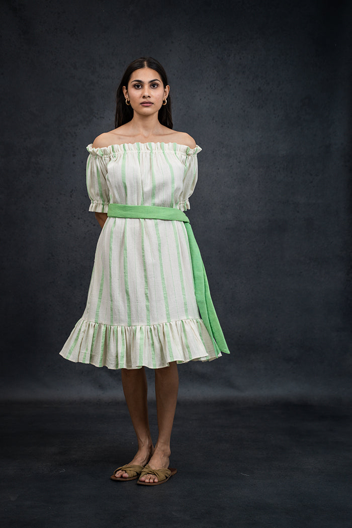 Handwoven Kala Cotton Natural Dyed Off Shoulder One Piece Dress