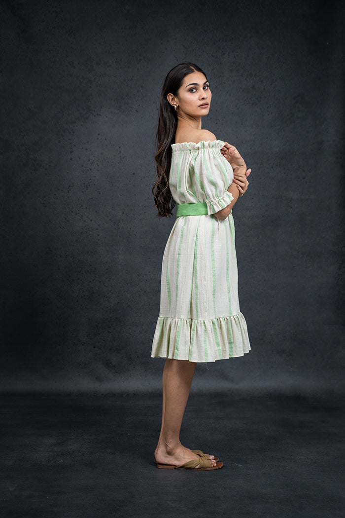 Handwoven Kala Cotton Natural Dyed Off Shoulder One Piece Dress