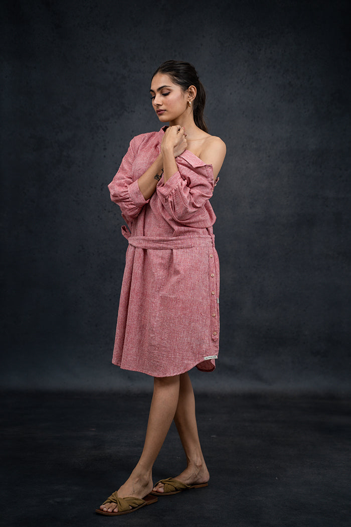 Handwoven Kala Cotton Natural Dyed V-Neck Straight One Piece Dress