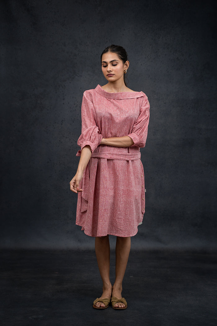 Handwoven Kala Cotton Natural Dyed V-Neck Straight One Piece Dress