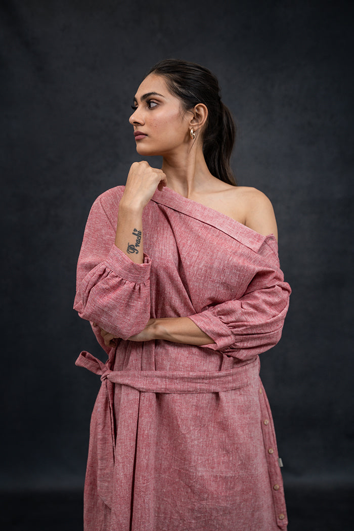 Handwoven Kala Cotton Natural Dyed V-Neck Straight One Piece Dress