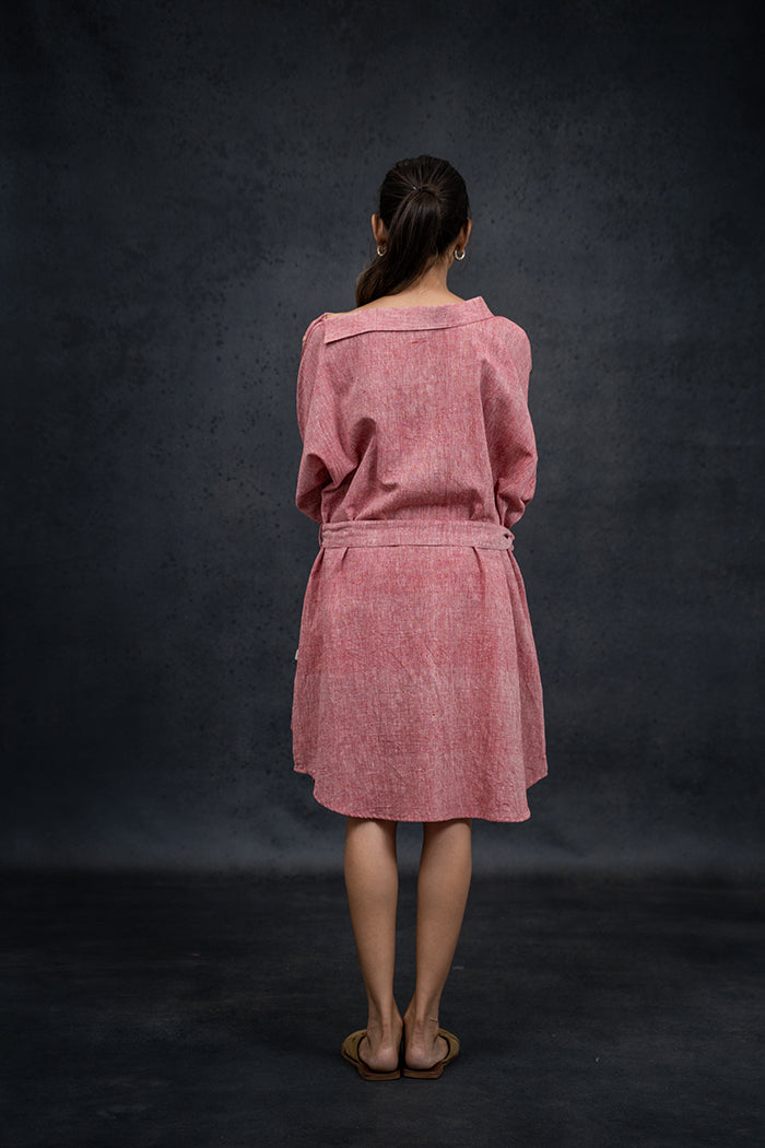 Handwoven Kala Cotton Natural Dyed V-Neck Straight One Piece Dress