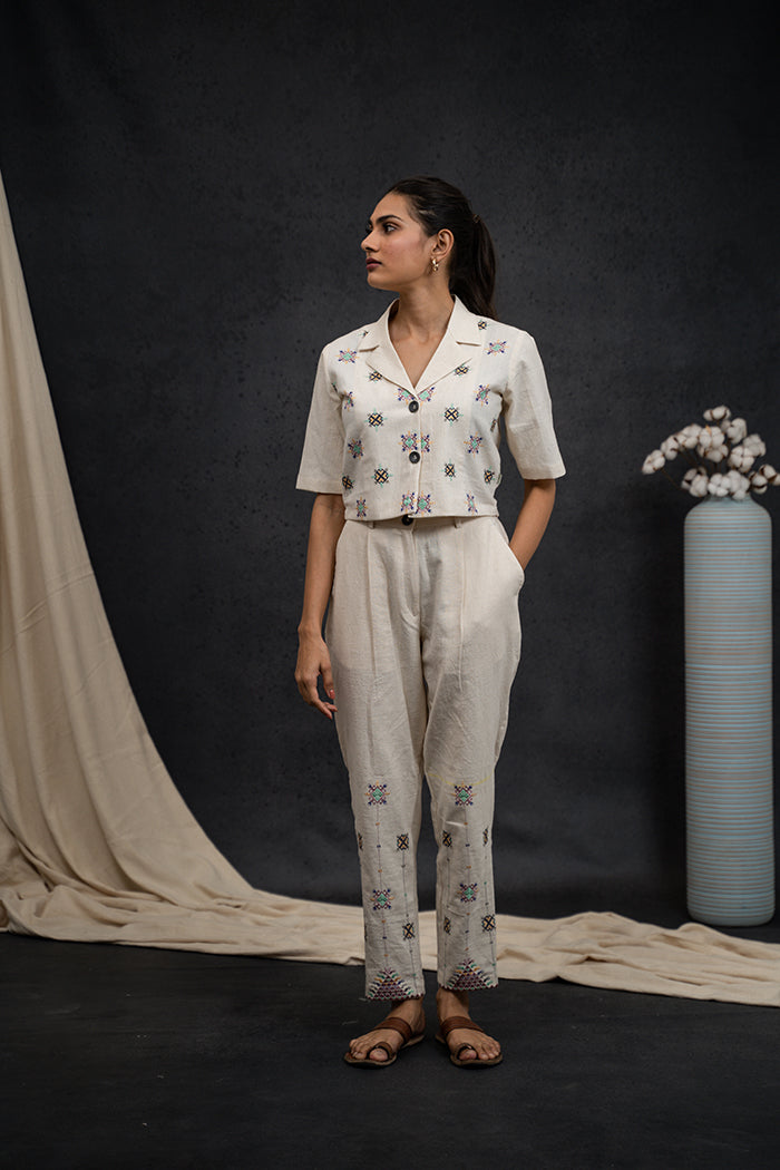 Handwoven Kala Cotton Notched Collar Soof Embroidery Co-ord Set
