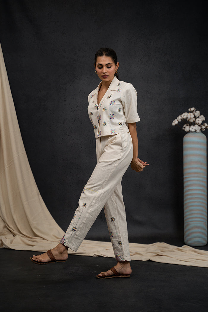 Handwoven Kala Cotton Notched Collar Soof Embroidery Co-ord Set