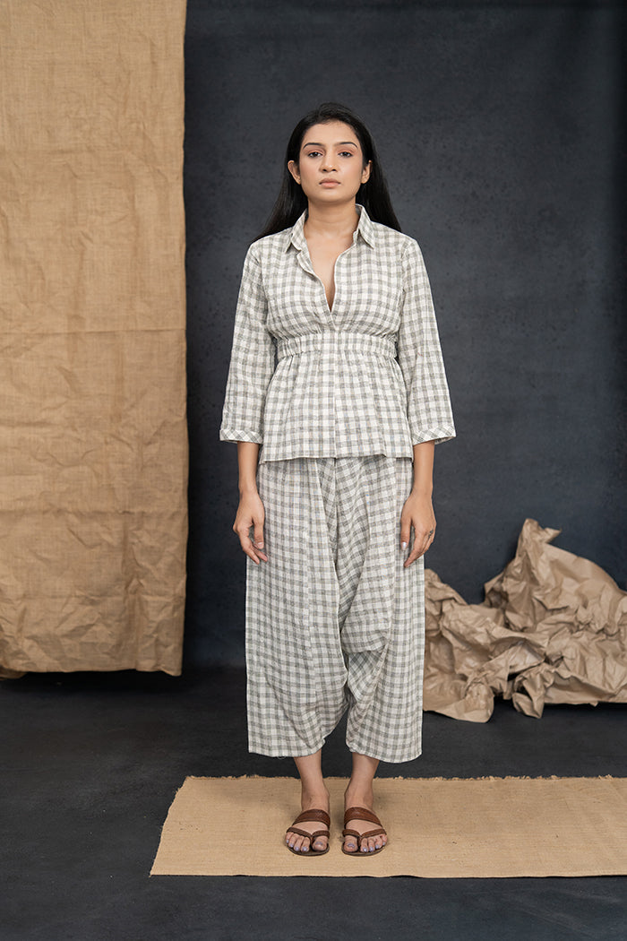 Handwoven Kala Cotton Olive Green Checkered Dhoti Set