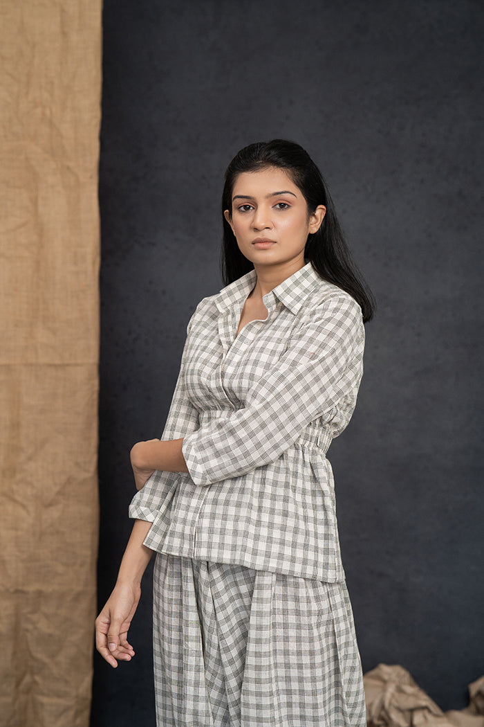 Handwoven Kala Cotton Olive Green Checkered Dhoti Set